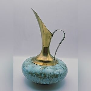 Vintage Hand Painted Delft Holland Ewer Pitcher – Brass & Ceramic Drip Glaze MCM